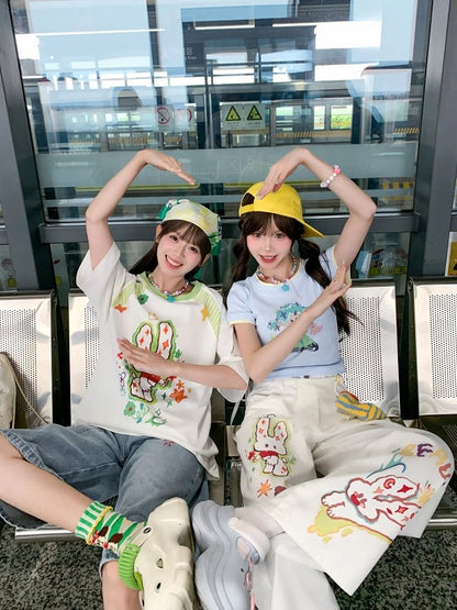 Cartoon Girl Print Blue Round Neck Cropped T-shirt with Free Necklace