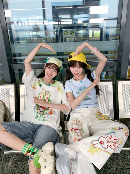 Cartoon Bunny Print White Round Neck Loose T-shirt