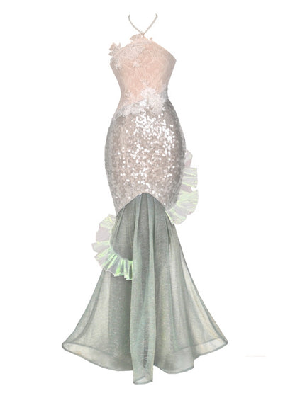 Beaded Halter Neck Shining Sequins Mermaid Dress Fairy Goth Vacation Bodycon Dress