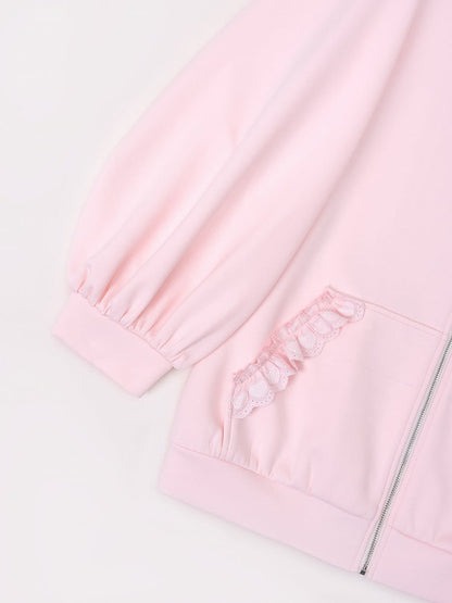 Pink Pouch Front Pockets Zip Up Hoodie with Oversized Bunny Ears