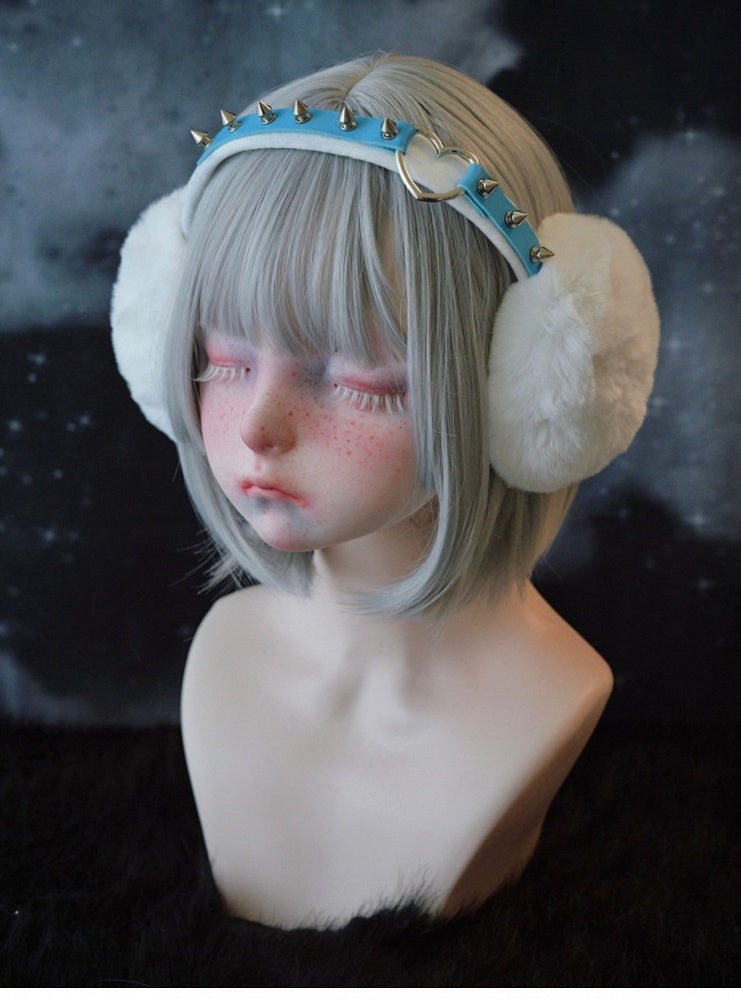 White & Blue Handmade Heart Ring Studded Plush Earmuffs