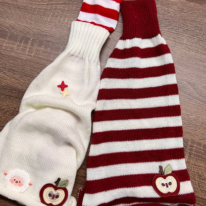 Sheep Embroidered Leg Warmer/White Apple Embroidered Leg Warmer/Red and White Striped Calf Sock Set