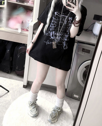 Jirai Kei Black/White Round Neck Cyberpunk Angel Print Cotton T-Shirt