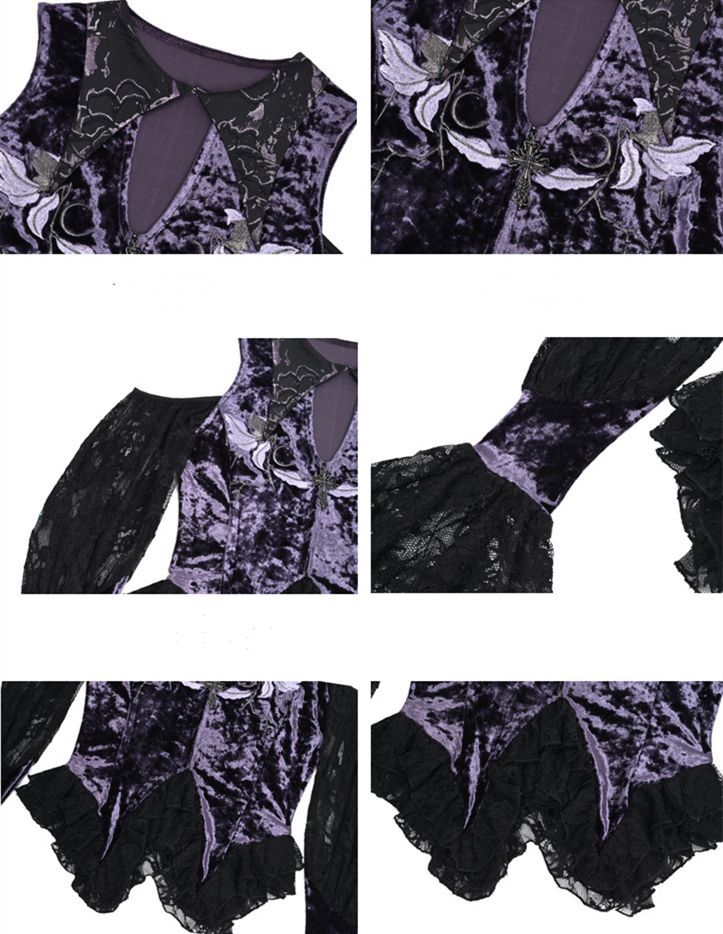Gothic Velvet Embroidered Open Shoulder Top Double Layered Lace Hem