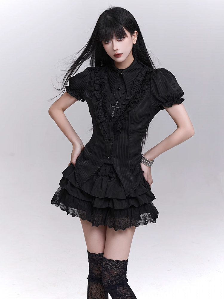 Black Elastic Waist Lace Trim Mini Tiered Skirt Bloomers Lining