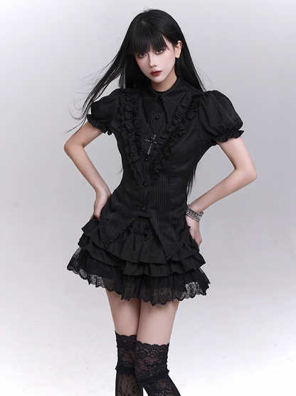 Black Elastic Waist Lace Trim Mini Tiered Skirt Bloomers Lining