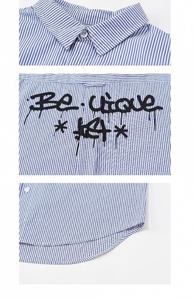 Black Graffiti Letters Blue and White Striped Preppy Unisex Shirt