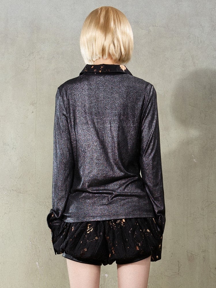 Black Y2K Punk Rock Faux Two-Piece Shirt with Splatter Print