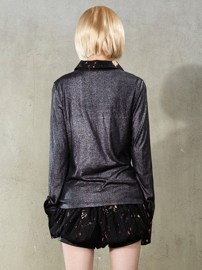 Black Y2K Punk Rock Faux Two-Piece Shirt with Splatter Print