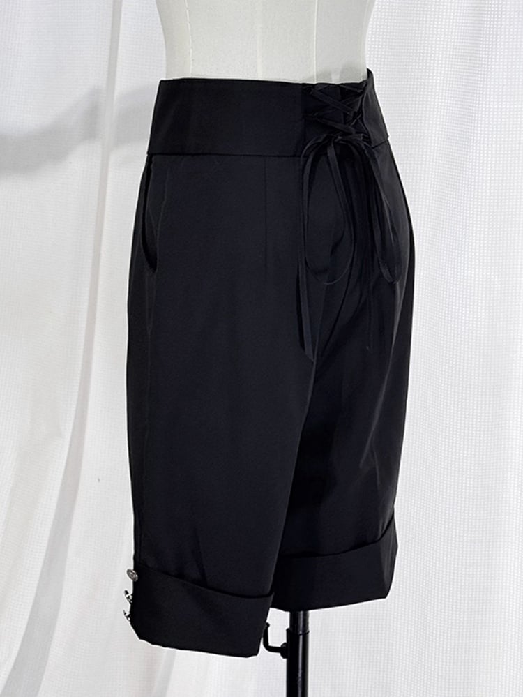 Ouji Lolita White and Black Eight-Piece Set - Asymmetrical Design Waistcoat + Shirt + Shorts + Matching Accessories