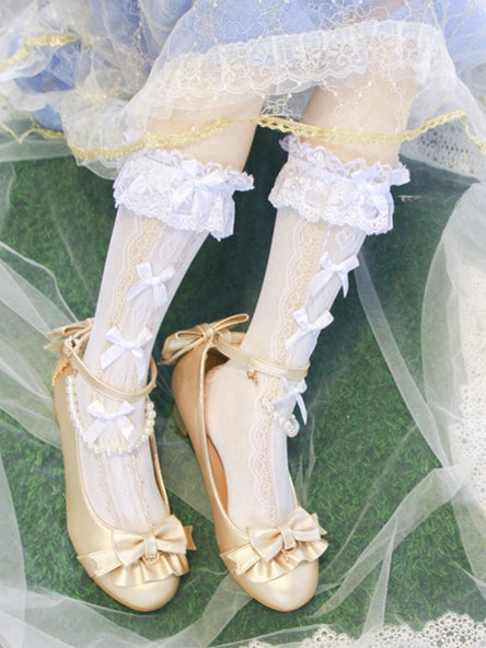 White/Cream Yellow Ruffled Lace Cuff Bows Calf Socks