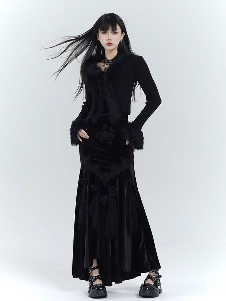 Gothic Black V-Neck Plush Trim Slim-fitting Knitted Sweater