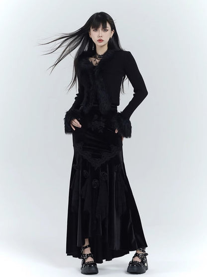 Gothic Black V-Neck Plush Trim Slim-fitting Knitted Sweater