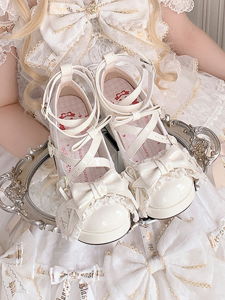 Beige Crisscross Design Bunny Ear Bowknot Sweet Lolita 8CM High Block Heels