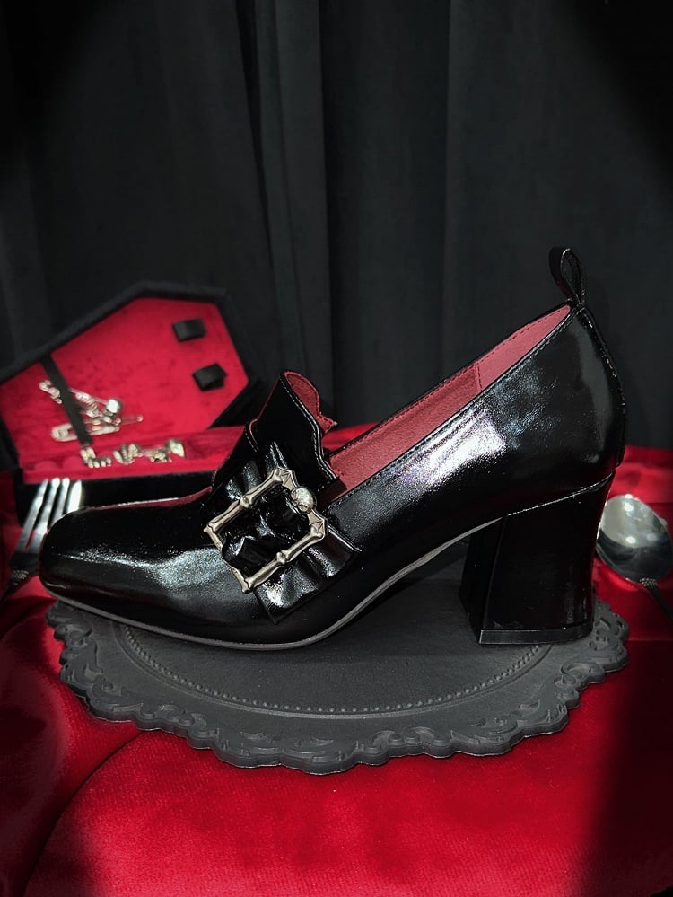 Gothic Polished Black Square Toe High Block Heel Shoes