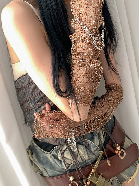 Brown Wasteland Punk Cross Charm Fishnet Sleeves