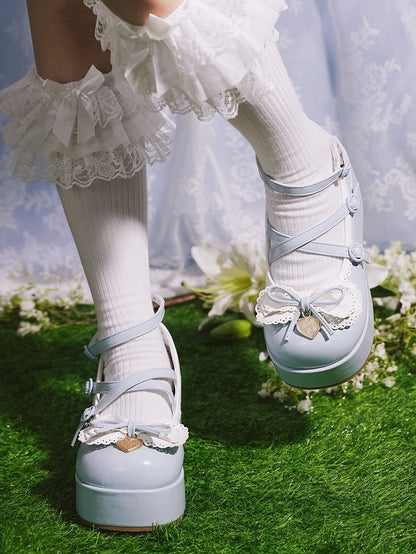 Buckle Ankle Strap Sweet Blue Knotted Bow Accent Platforms