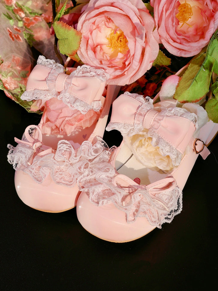Pink Bowknot Details Lace Trim Round Toe Lolita Shoes