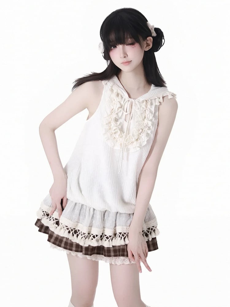 Beige Bohemian Tassel Hem Tiered Ruffles Self-tie Keyhole Neckline Hooded Sleeveless Top