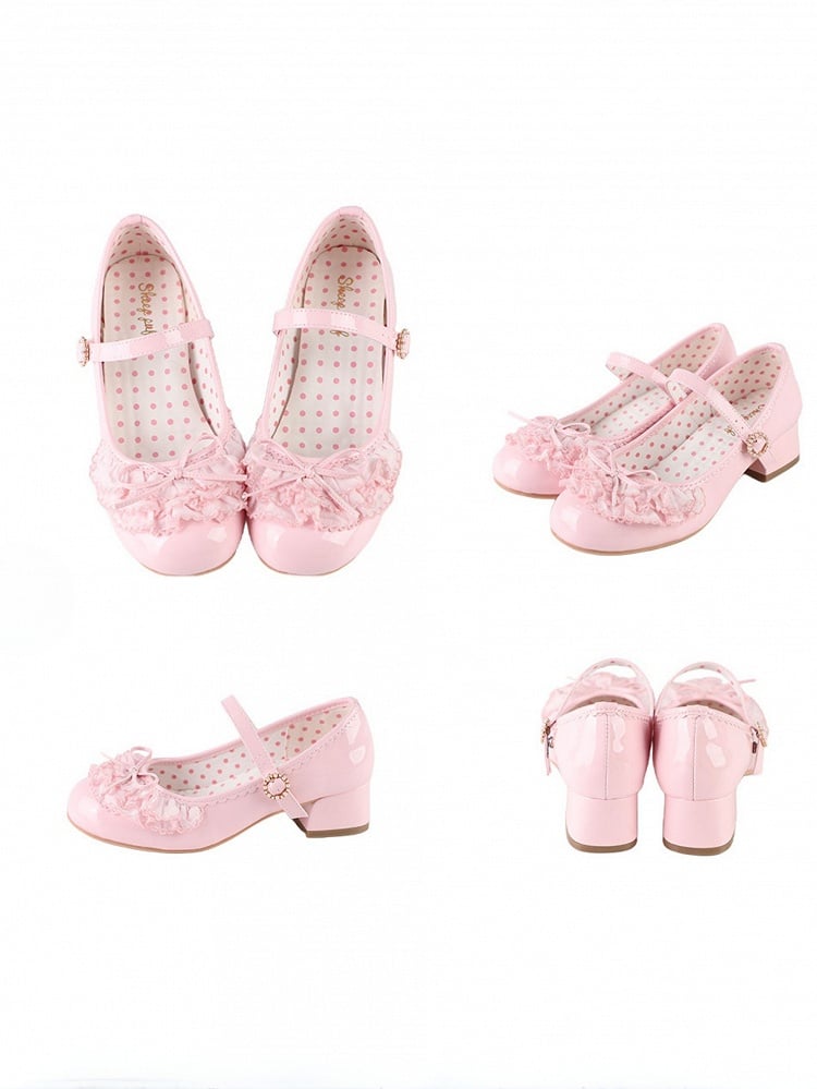 Pink Beaded Round Buckle Bowknot Decorated Multiple Layers Lace Mary Janes