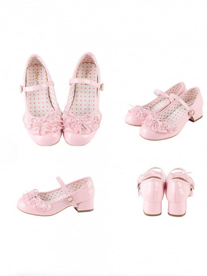 Pink Beaded Round Buckle Bowknot Decorated Multiple Layers Lace Mary Janes
