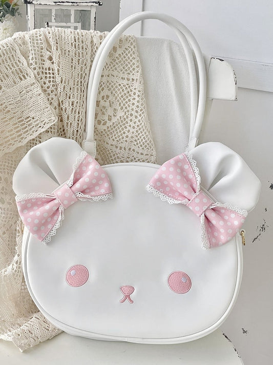 Pink&White Polka-dot Pattern Bowknot Details Bear Tote Bag