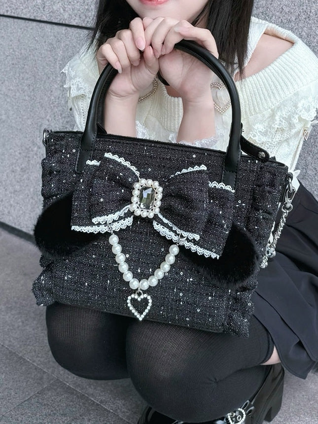 Elegant Black Ruffled-Edge Lolita Bag - Detachable Beaded Chain & Rhinestone Decor Bow Embellishment with Plush Bunny Ear