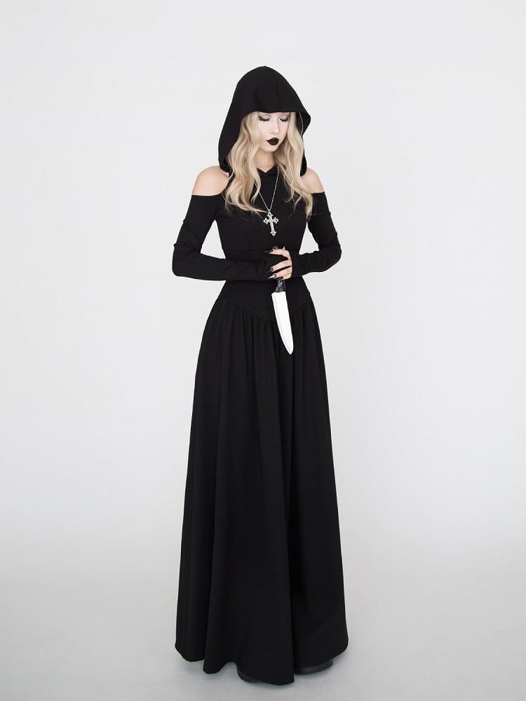 Gothic Black Cutout Shoulder Wasteland Punk Hooded Dress