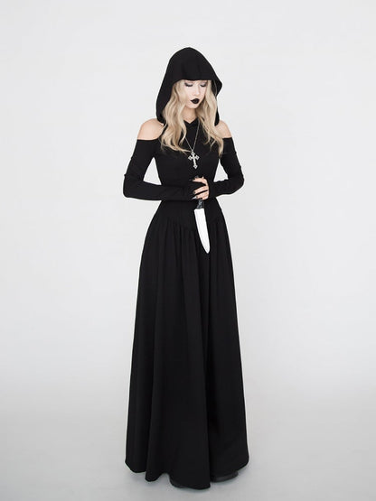 Gothic Black Cutout Shoulder Wasteland Punk Hooded Dress