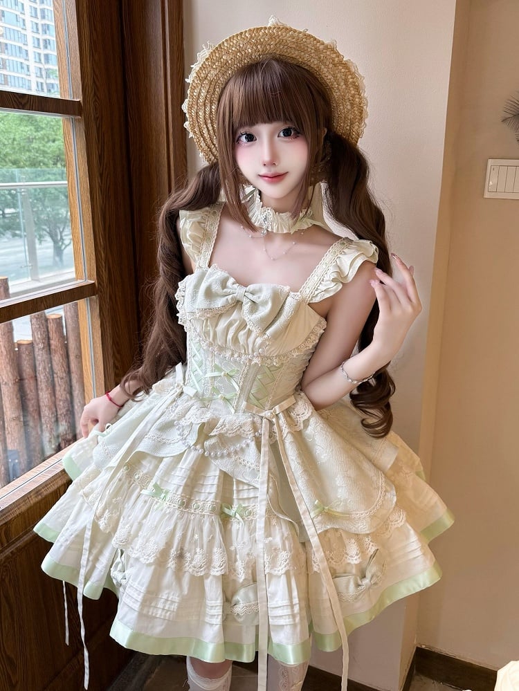Bowknots and Beads Decoration Mint Green Flutter Sleeves Balletcore Sweet Lolita Jumper Skirt