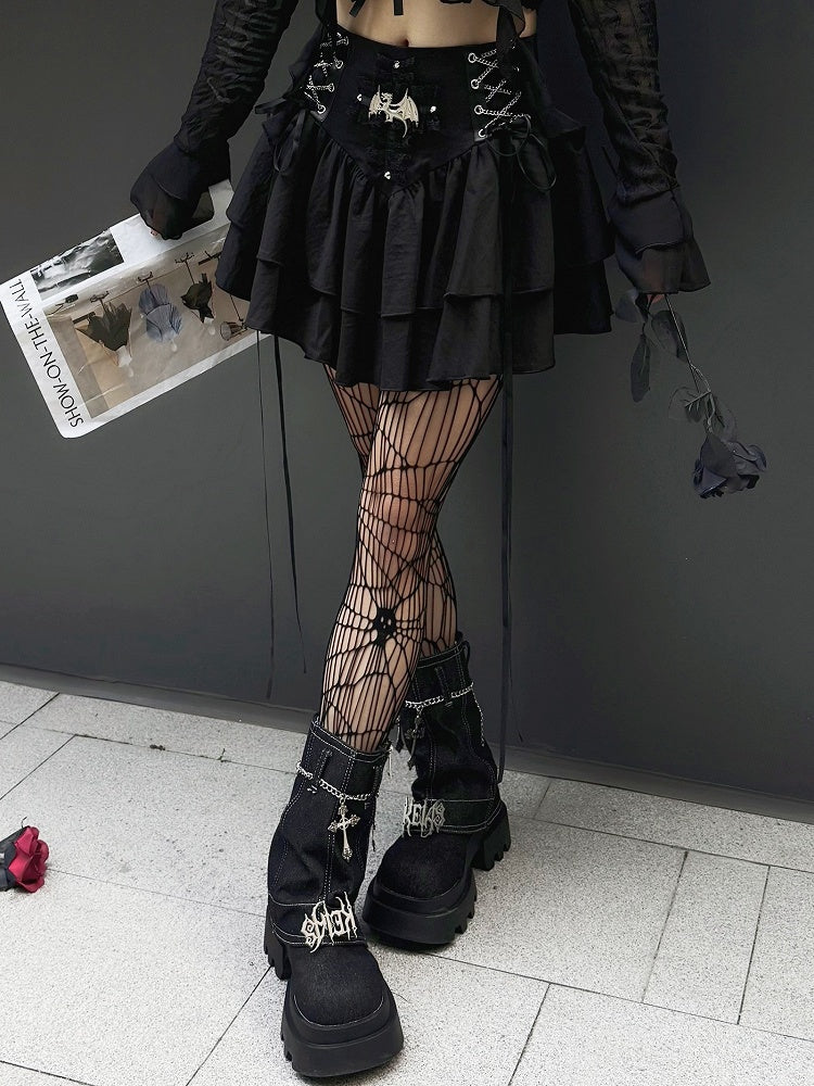 Punk Dragon Adorned Black Tiered Skirt Criss-cross Chain Design