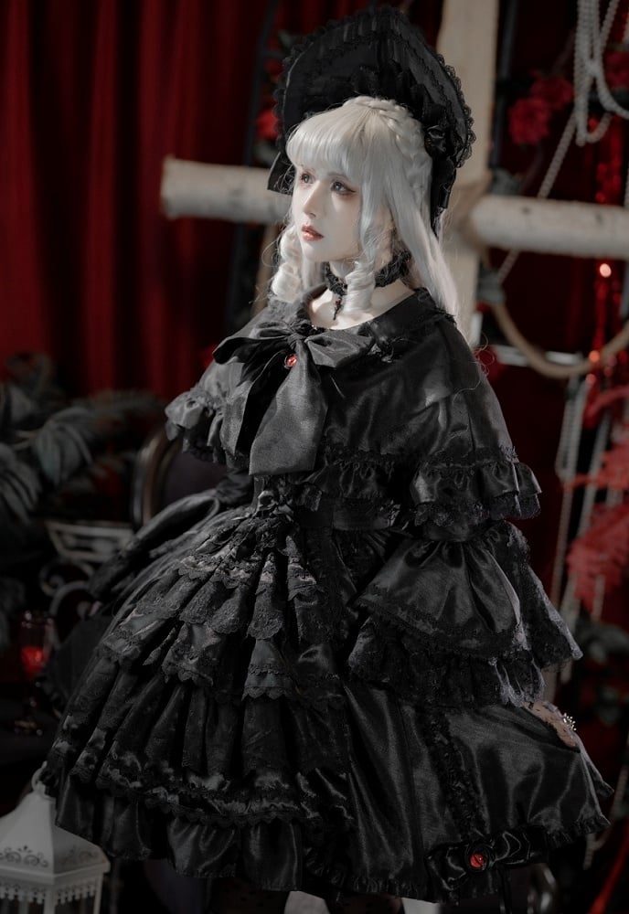 Black Gothic Layered Bell Sleeves Drawstring Skirt Kuro Lolita Dress + Cape