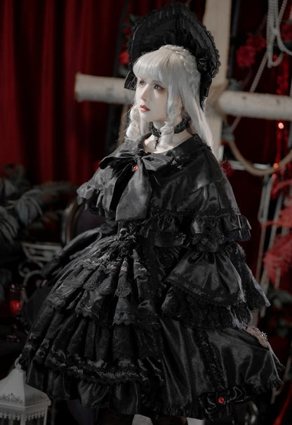 Black Gothic Layered Bell Sleeves Drawstring Skirt Kuro Lolita Dress + Cape