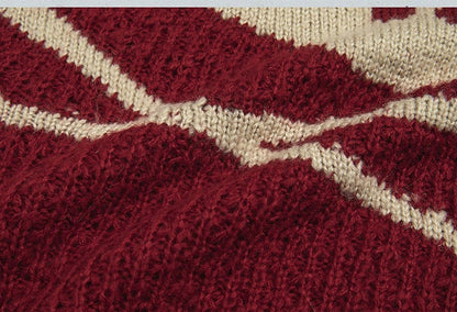 Wine Red Skull Bunny Punk Loose Hooded Sweater with Striped Sleeves