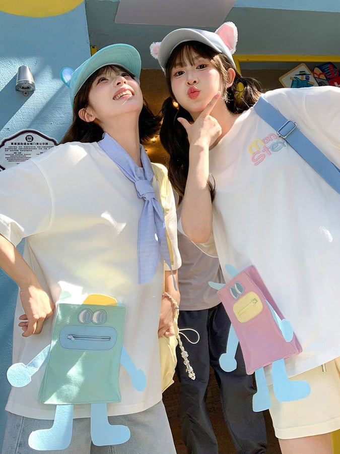 Blue/Pink Cartoon Pocket White Round Neck Loose T-shirt