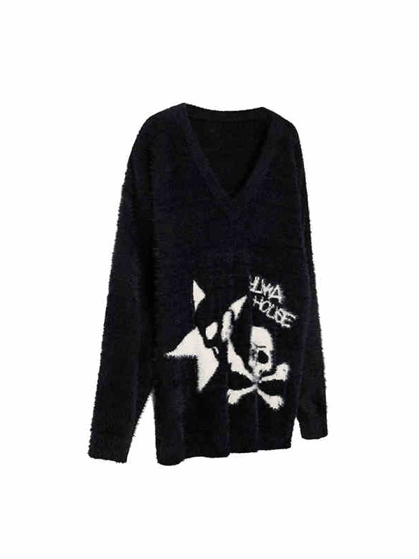 Black Punk Skeleton V-neck Oversized Sweater / Black and White Striped Scarf