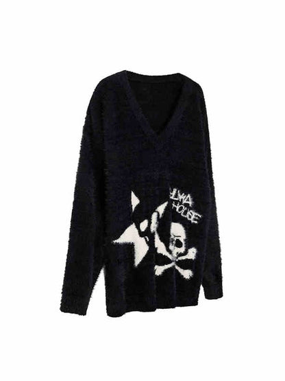 Black Punk Skeleton V-neck Oversized Sweater / Black and White Striped Scarf
