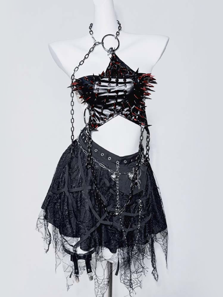 Punk Black PU Halter Neck Studs and Chain Star-shaped Backless Top
