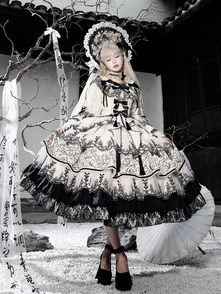Shimmer Butterfly Fabric White and Black Chinoiserie Style Ink and Wash Lolita Dress Long Version