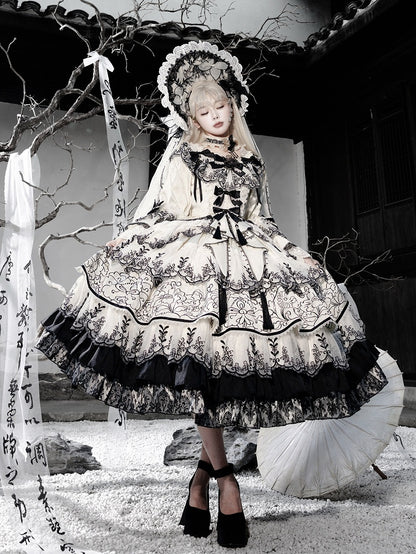 Shimmer Butterfly Fabric White and Black Chinoiserie Style Ink and Wash Lolita Dress Long Version