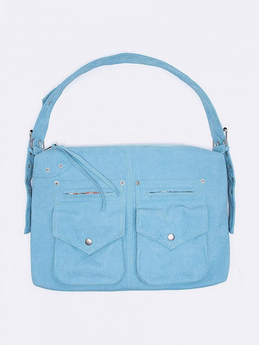 Vintage Blue Large-Capacity Corduroy Tote Bag With Adjustable Strap