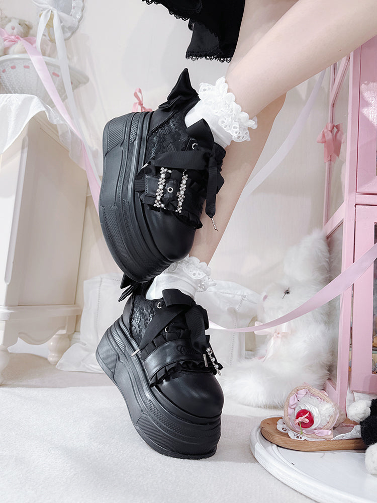 Black Bow Accents Beaded Buckle Design Jirai Kei Platforms Shoes