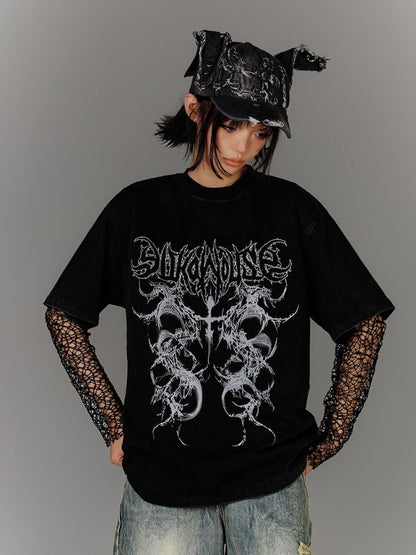 Punk Black Hollow-out Fishnet Long Sleeves Top