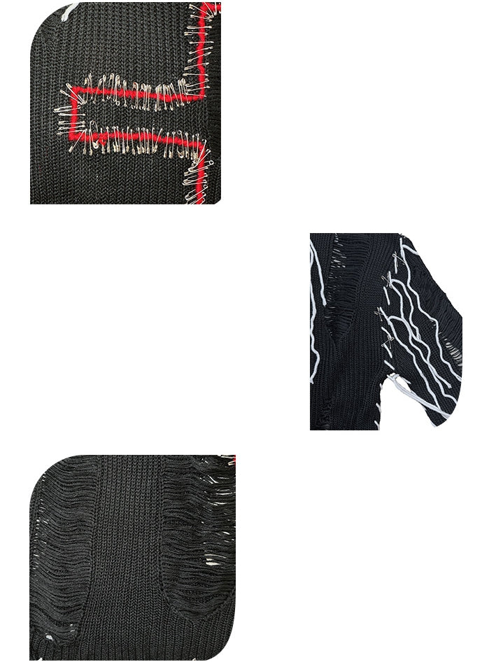 Pins Decorated Black Distressed Holes Punk Cross Sweater