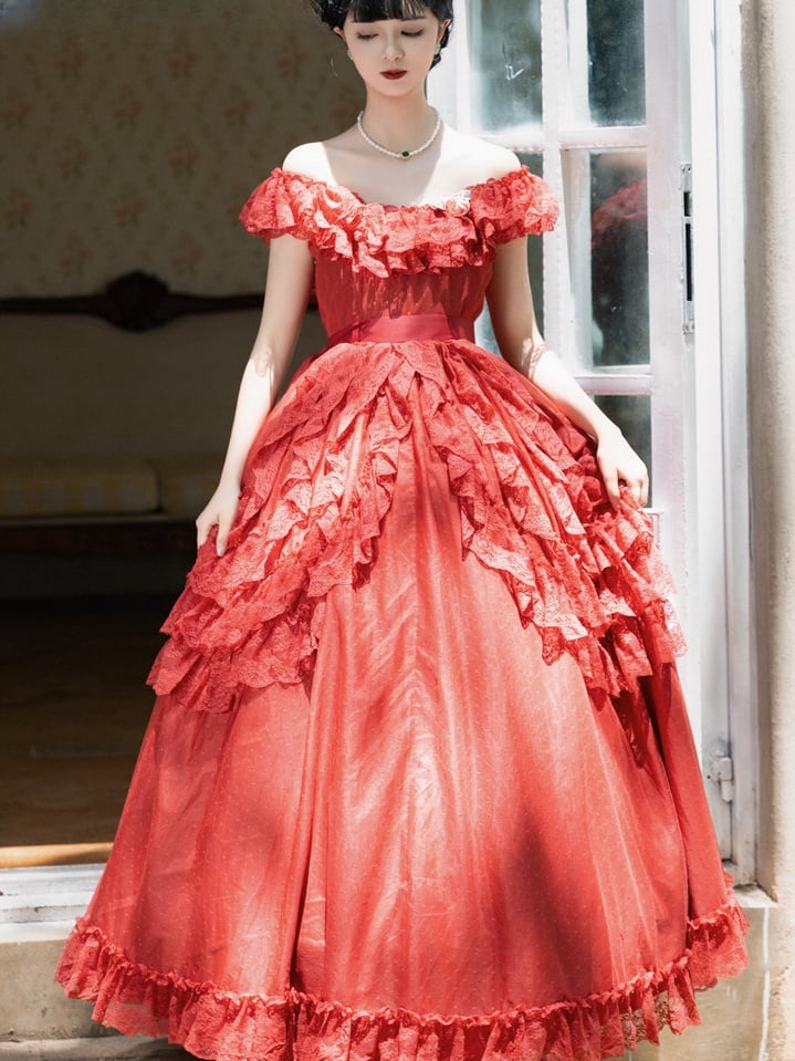 Wine Red/Pink Vintage Lace Ruffle Trim Off-the-shoulder Neckline Dress