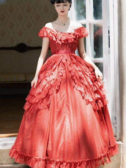 Wine Red/Pink Vintage Lace Ruffle Trim Off-the-shoulder Neckline Dress