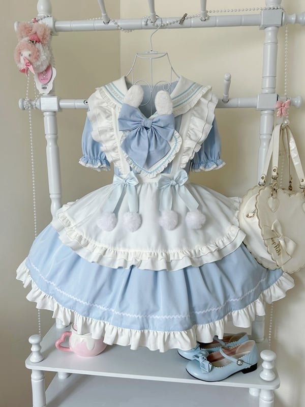 Bunny Ears Sailor Collar Blue Short Sleeves Maid Lolita Dress with White Apron