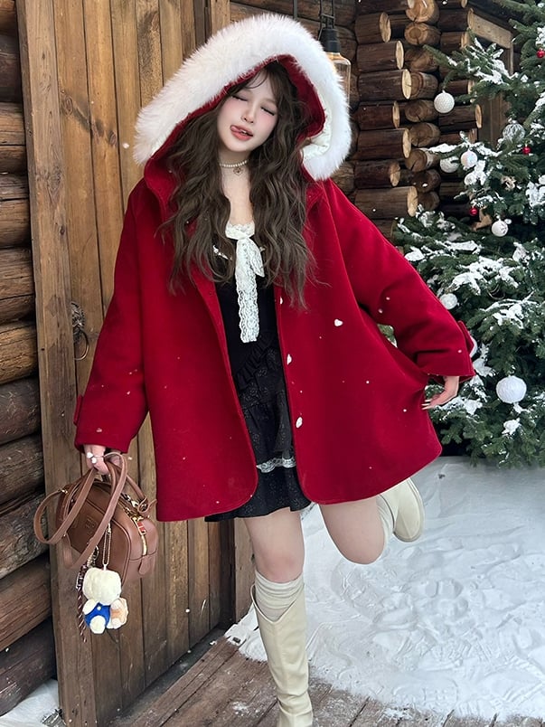 Plus Size Red Plush Trim Hooded Woolen Coat