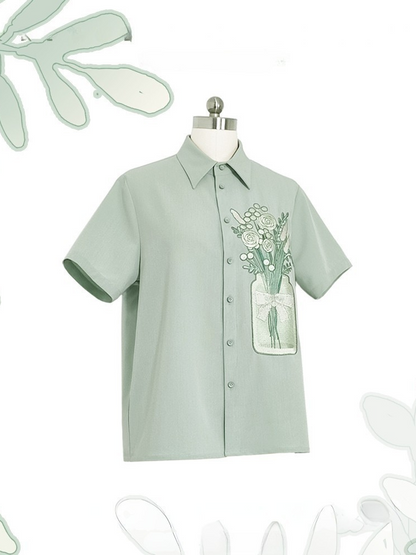 Season of Blossoms Bouquet Embroidery Ouji Lolita Green Shirt