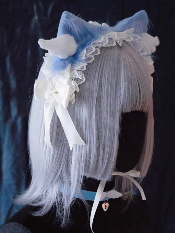 Handmade Wings Blue and White Bowknots Kitty Ears Hairband